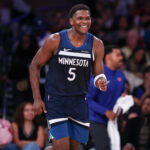 Oct 13, 2024; New York, New York, USA; Minnesota Timberwolves guard Anthony Edwards (5) reacts after making a basket against the New York Knicks during the first half at Madison Square Garden.