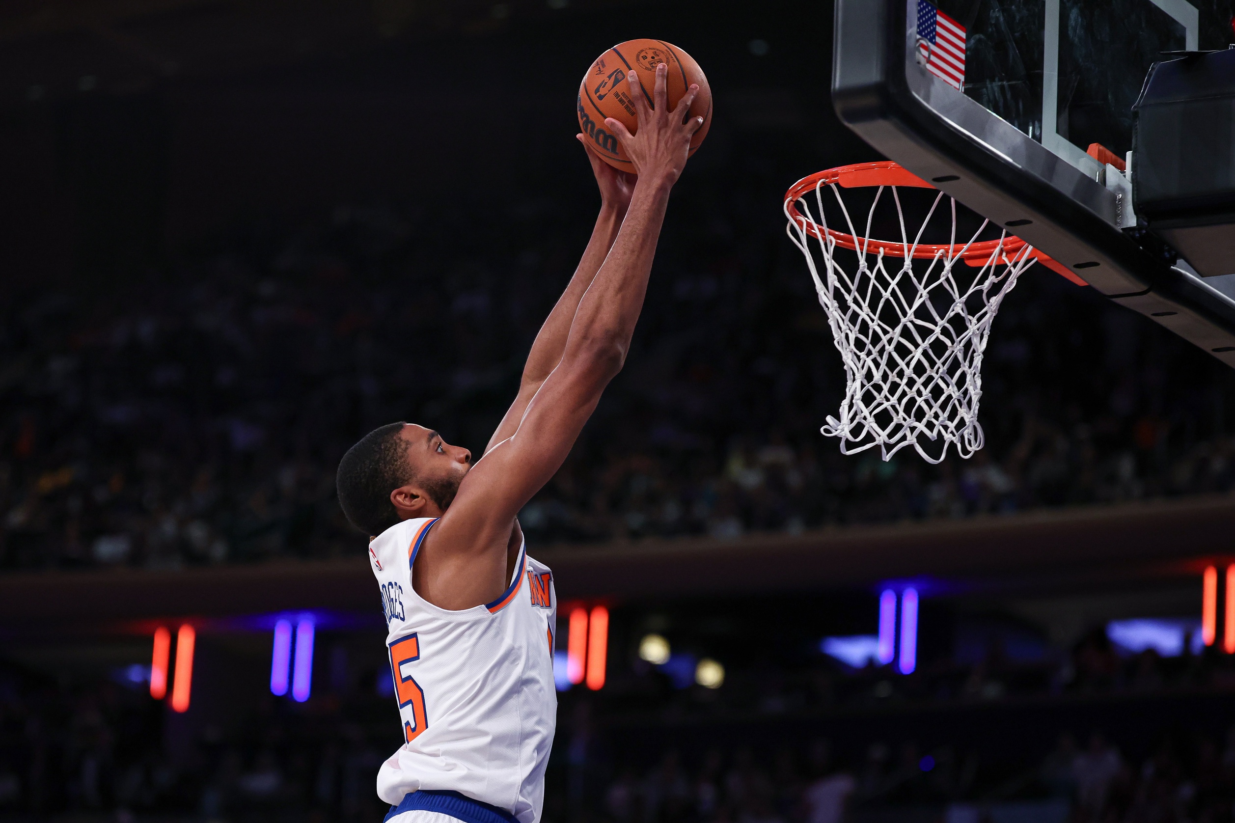 Oct 13, 2024; New York, New York, USA; New York Knicks forward Mikal Bridges (25) goes up for a dunk during the first half against the Minnesota Timberwolves at Madison Square Garden. Mandatory Credit: Vincent Carchietta-Imagn Images