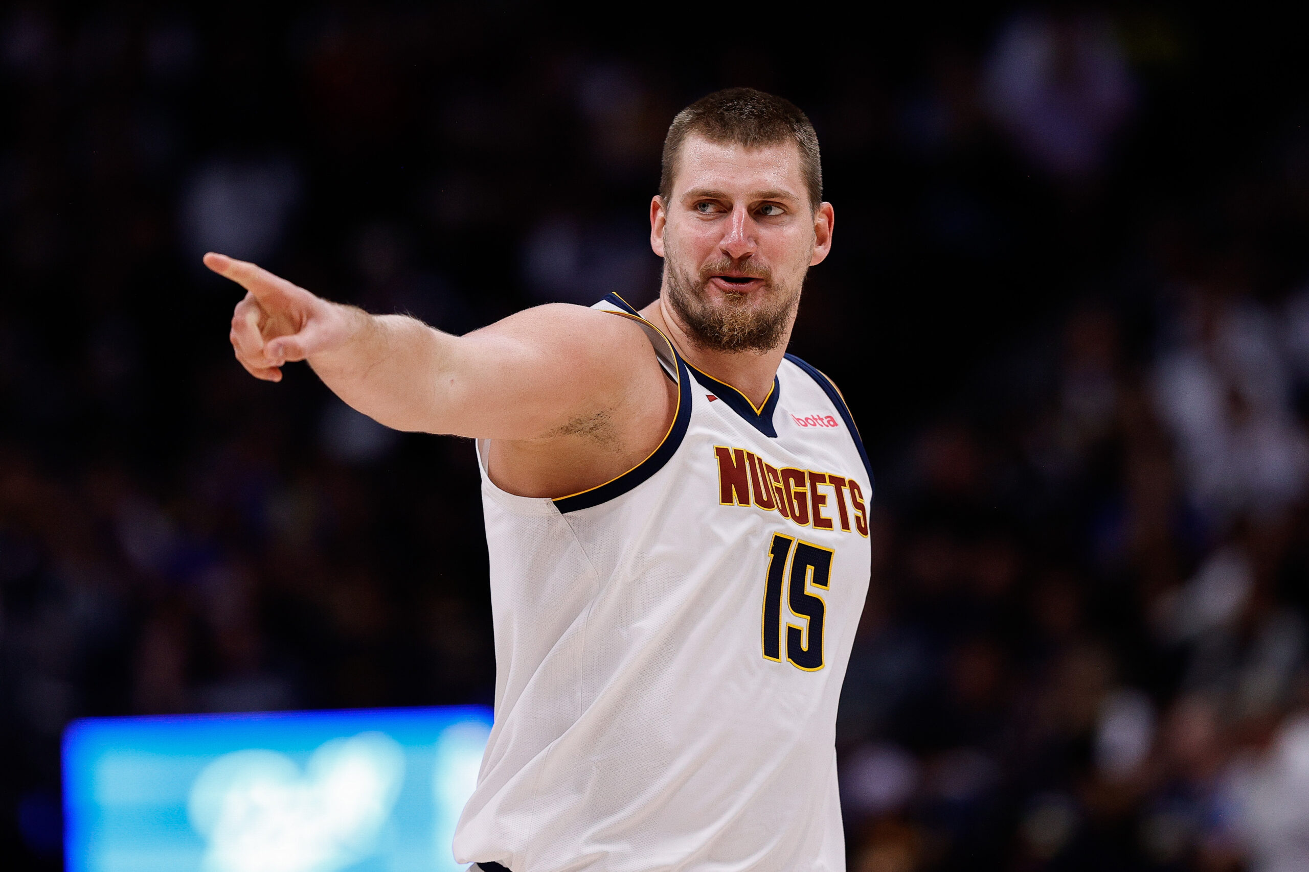 Oct 13, 2024; Denver, Colorado, USA; Denver Nuggets center Nikola Jokic (15) reacts after a play in the second quarter against the Phoenix Suns at Ball Arena.