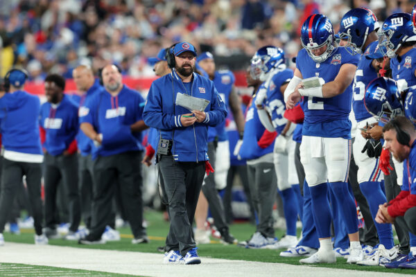 Oct 13, 2024; East Rutherford, New Jersey, USA; New York Giants head coach Brian Daboll coaches against the Cincinnati Bengals during the third quarter at MetLife Stadium. Mandatory Credit: Brad Penner-Imagn Images