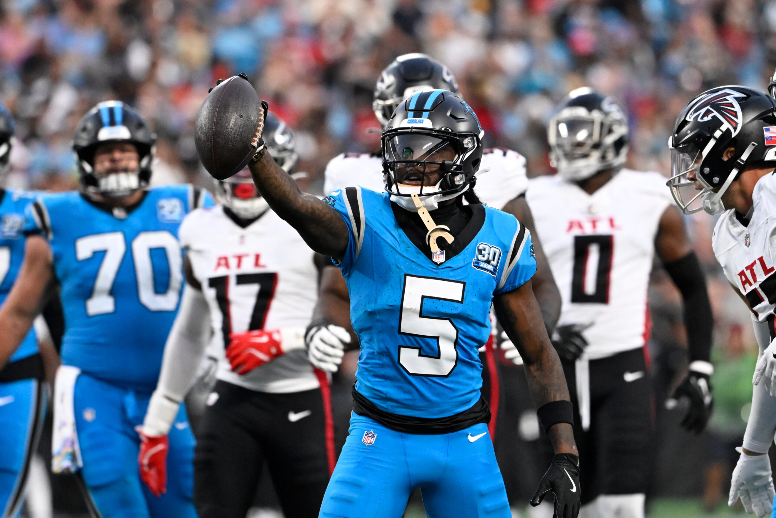 NFL - Oct 13, 2024; Charlotte, North Carolina, USA; Carolina Panthers wide receiver Diontae Johnson (5) reacts after making a catch in the second quarter at Bank of America Stadium. Mandatory Credit: Bob Donnan-Imagn Images