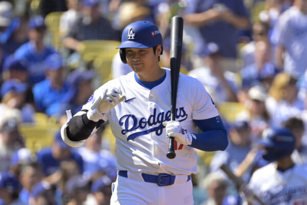 Oct 14, 2024; Los Angeles, California, USA; Los Angeles Dodgers designated hitter Shohei Ohtani (17) at bat in the first inning against the New York Mets during game two of the NLCS for the 2024 MLB Playoffs at Dodger Stadium. Mandatory Credit: Jayne Kamin-Oncea-Imagn Images