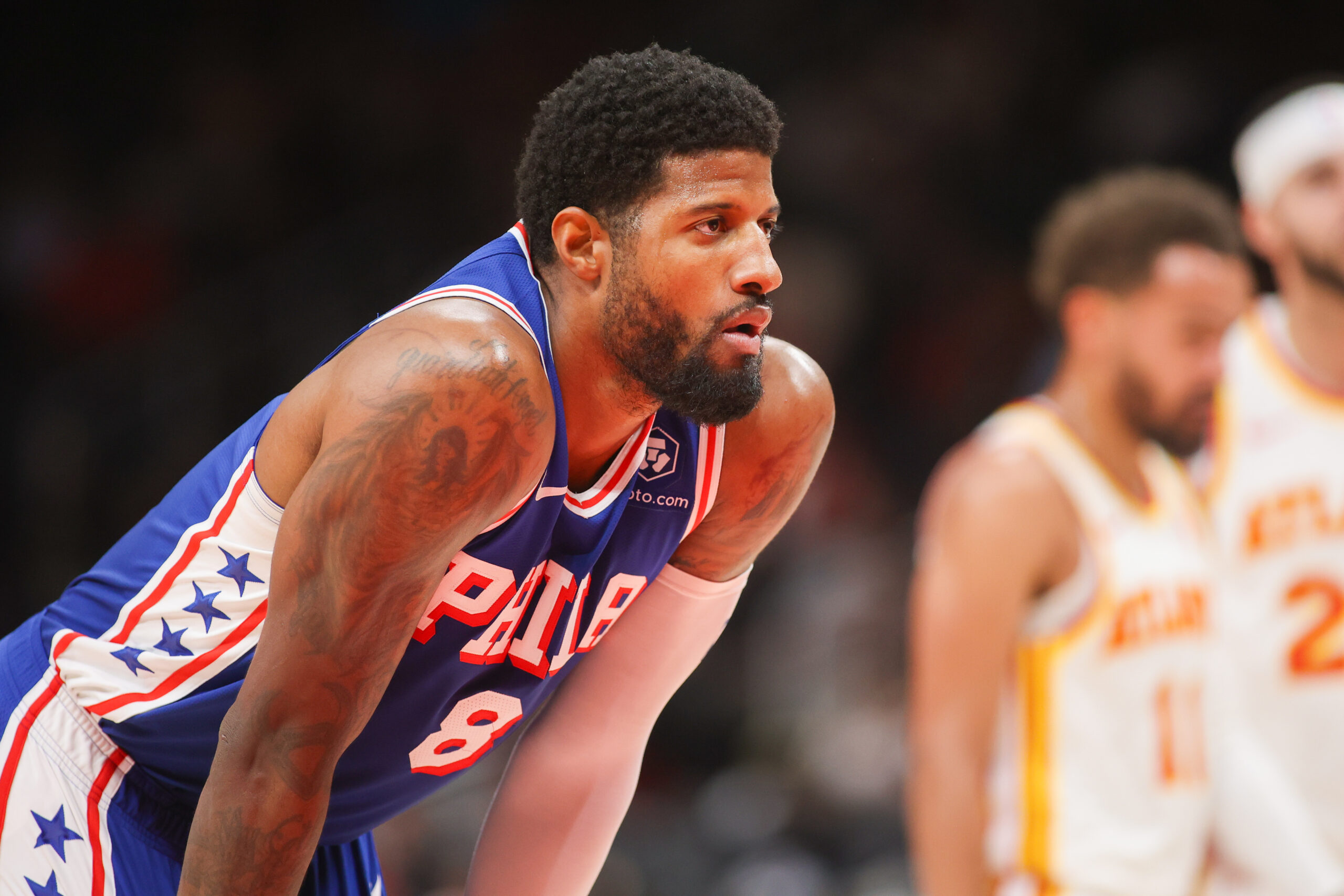 Oct 14, 2024; Atlanta, Georgia, USA; Philadelphia 76ers forward Paul George (8) in action against the Atlanta Hawks in the second quarter at State Farm Arena.