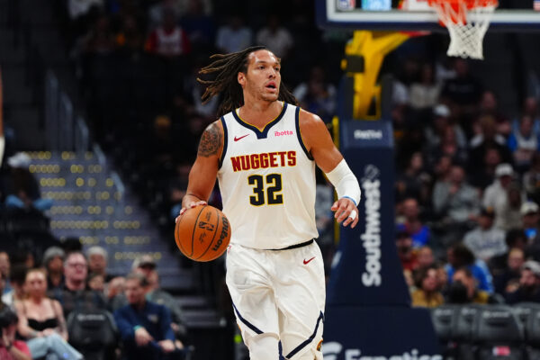 Oct 15, 2024; Denver, Colorado, USA; Denver Nuggets forward Aaron Gordon (32) during the first quarter against the Oklahoma City Thunder at Ball Arena.