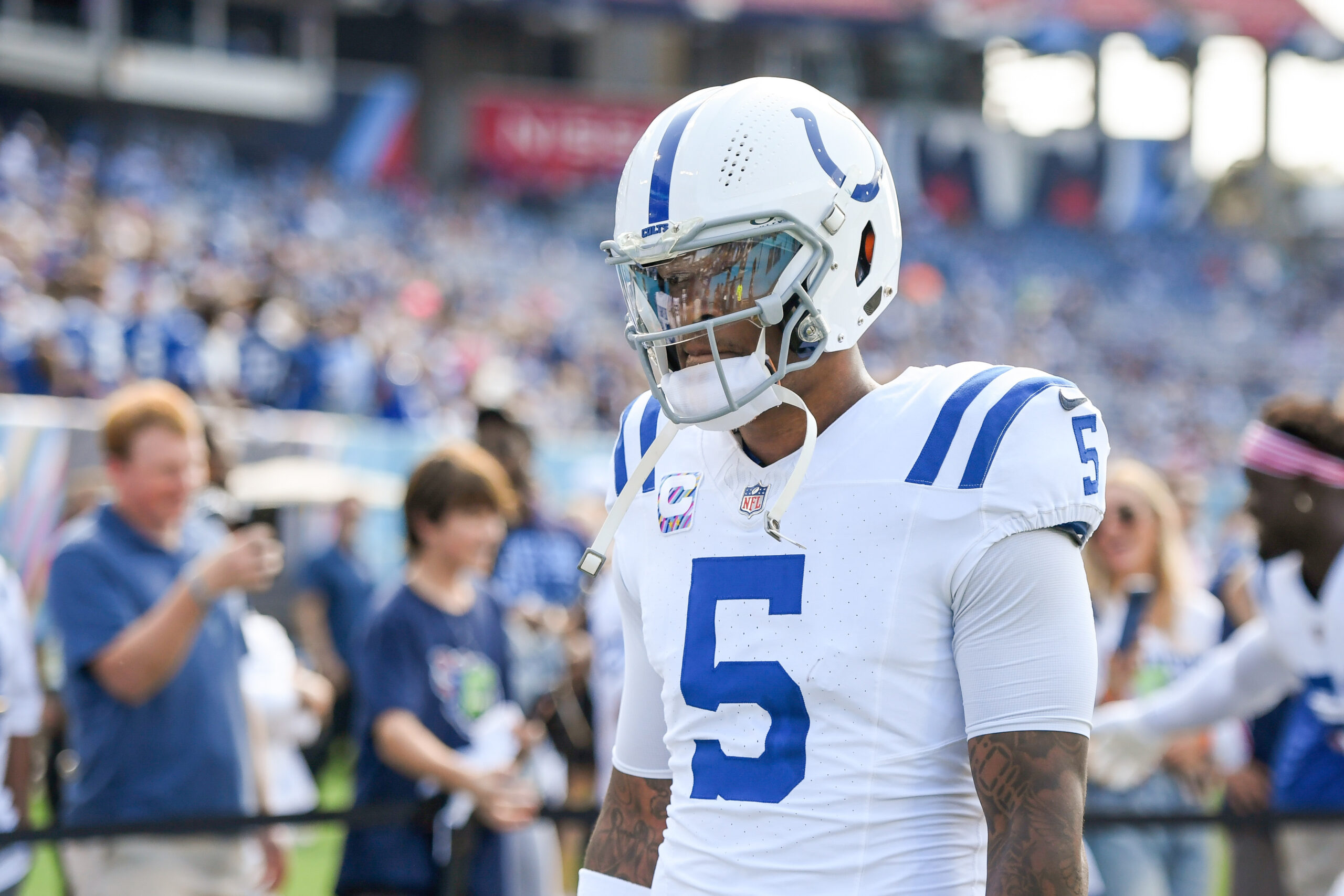 Oct 13, 2024; Nashville, Tennessee, USA; Indianapolis Colts quarterback Anthony Richardson (5) looks up into the stands as he walks off after warmups against the Tennessee Titans at Nissan Stadium. Mandatory Credit: Steve Roberts-Imagn Images