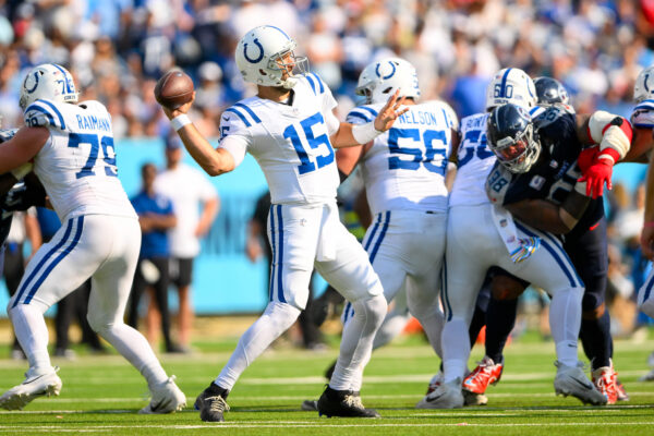 Oct 13, 2024; Nashville, Tennessee, USA; Indianapolis Colts quarterback Joe Flacco (15) passes the ball against the Tennessee Titans during the second half at Nissan Stadium. Mandatory Credit: Steve Roberts-Imagn Images