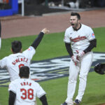 Oct 17, 2024; Cleveland, Ohio, USA; Cleveland Guardians first baseman David Fry (6) celebrates after hitting a game-winning home run during the tenth inning against the New York Yankees in game 3 of the American League Championship Series at Progressive Field.