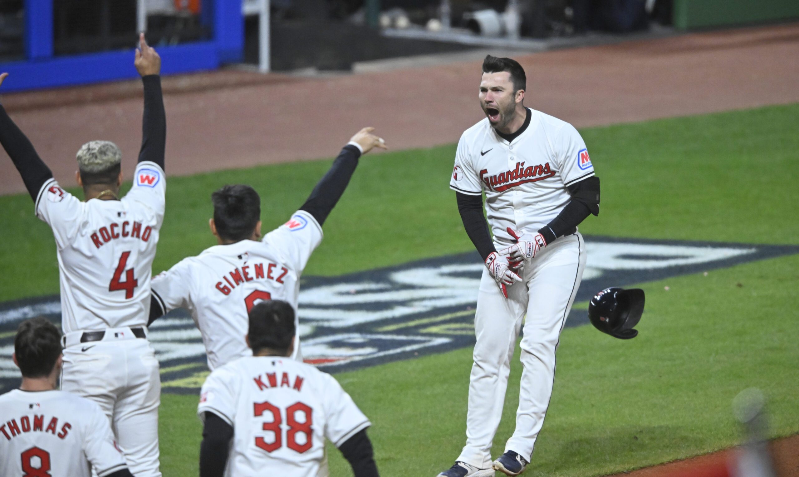 Oct 17, 2024; Cleveland, Ohio, USA; Cleveland Guardians first baseman David Fry (6) celebrates after hitting a game-winning home run during the tenth inning against the New York Yankees in game 3 of the American League Championship Series at Progressive Field.