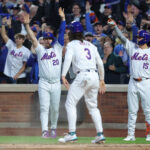 Oct 18, 2024; New York City, New York, USA; New York Mets first base Pete Alonso (20) celebrates a scoring a run in the third inning against the Los Angeles Dodgers during game five of the NLCS for the 2024 MLB playoffs at Citi Field.