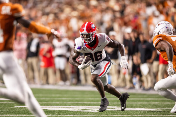 NCAA Football: Georgia at Texas. Oct 19, 2024; Austin, Texas, USA; Georgia Bulldogs wide receiver Dillon Bell (86) runs after a catch against the Texas Longhorns in the third quarter at Darrell K Royal-Texas Memorial Stadium. Mandatory Credit: Brett Patzke-Imagn Images