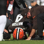 Oct 20, 2024; Cleveland, Ohio, USA; Cleveland Browns quarterback Deshaun Watson (4) lies on the ground after being injured during the first half against the Cincinnati Bengals at Huntington Bank Field. Mandatory Credit: Ken Blaze-Imagn Images