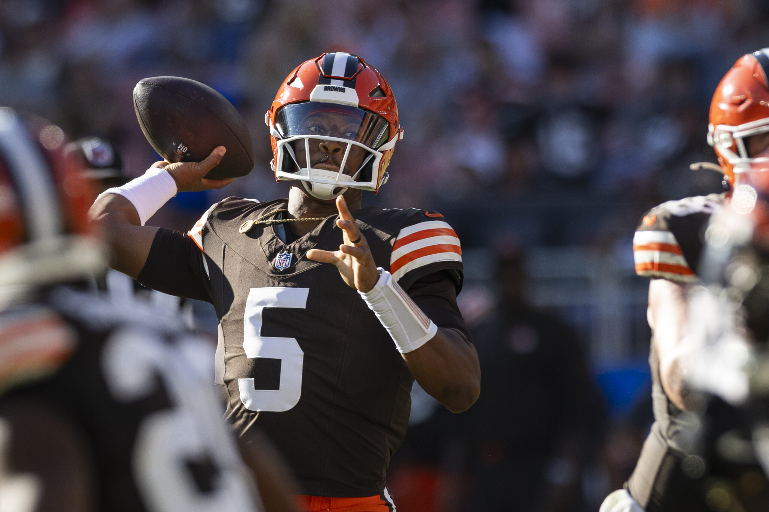 Oct 20, 2024; Cleveland, Ohio, USA; Cleveland Browns quarterback Jameis Winston (5) throws the ball during the fourth quarter against the Cincinnati Bengals at Huntington Bank Field. Mandatory Credit: Scott Galvin-Imagn Images