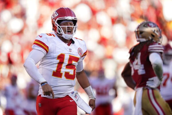 Oct 20, 2024; Santa Clara, California, USA; Kansas City Chiefs quarterback Patrick Mahomes (15) reacts after the Chiefs scored a touchdown against the San Francisco 49ers in the fourth quarter at Levi's Stadium.