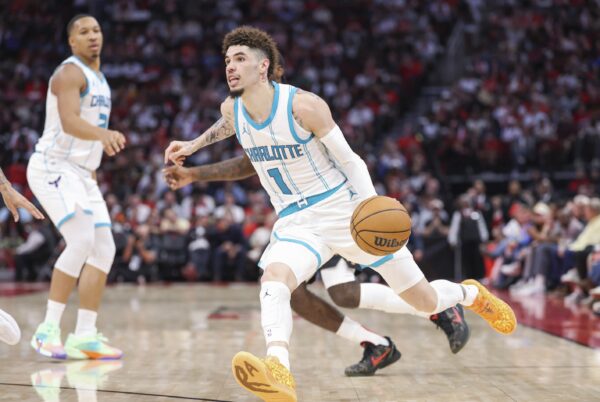 Oct 23, 2024; Houston, Texas, USA; Charlotte Hornets guard LaMelo Ball (1) drives with the ball during the third quarter against the Houston Rockets at Toyota Center.