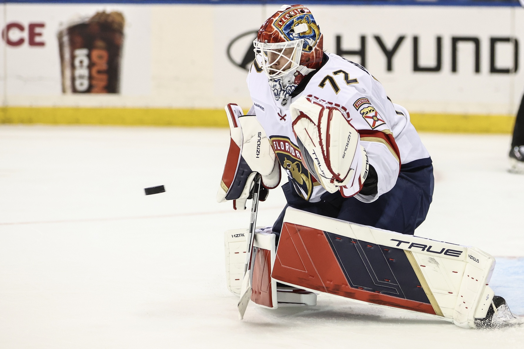 Oct 24, 2024; New York, New York, USA; Florida Panthers goaltender Sergei Bobrovsky (72) makes a save on a shot on goal attempt in the second period against the New York Rangers at Madison Square Garden. Mandatory Credit: Wendell Cruz-Imagn Images