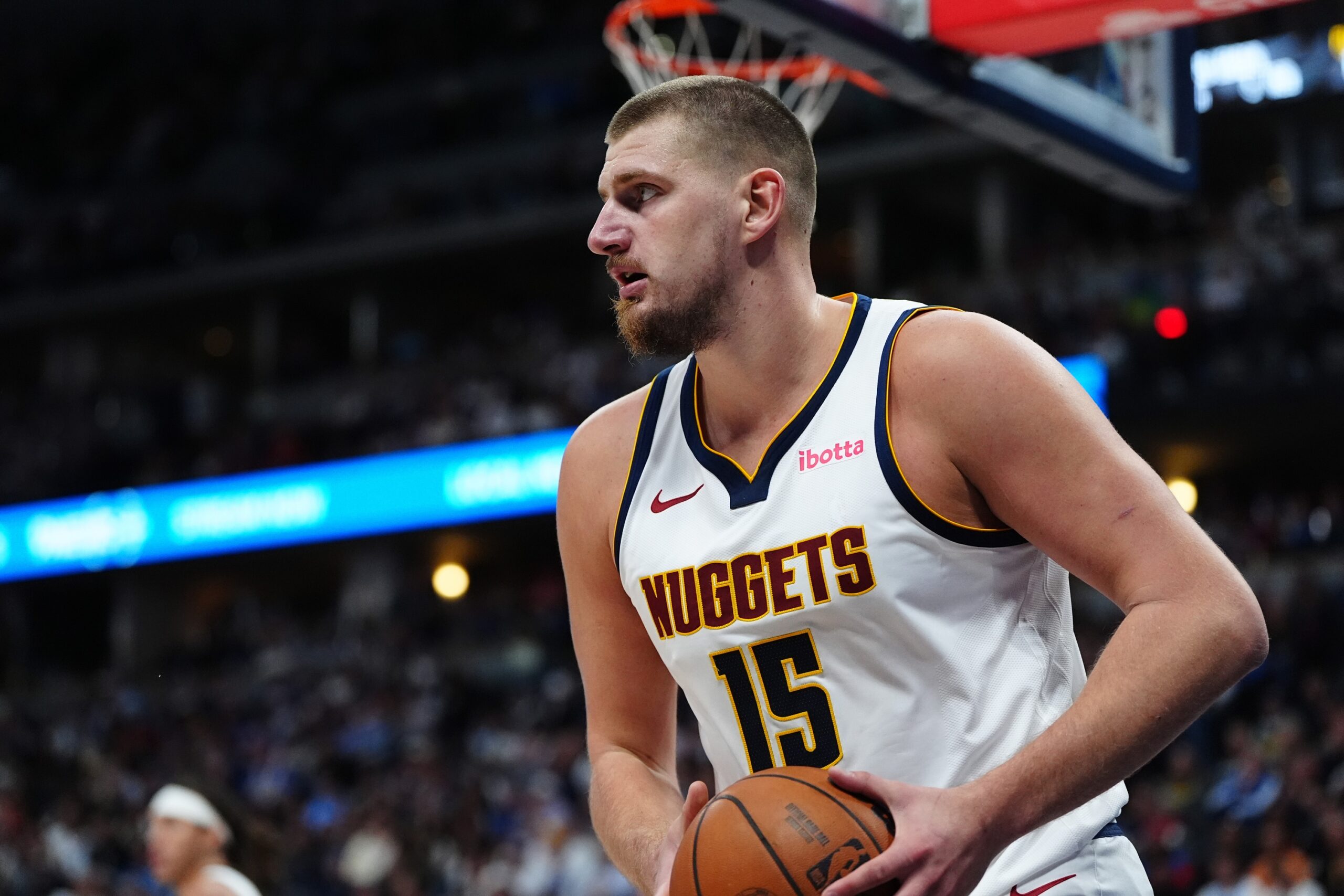 Oct 24, 2024; Denver, Colorado, USA; Denver Nuggets center Nikola Jokic (15) during the second quarter against the Oklahoma City Thunder at Ball Arena.