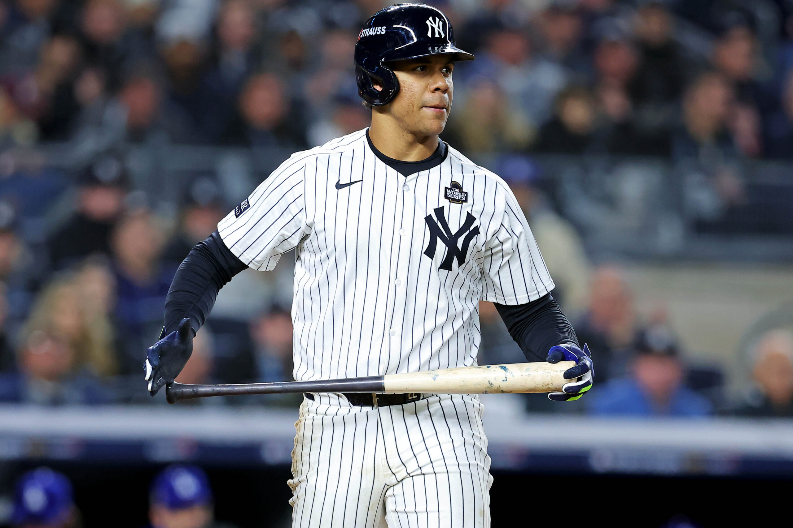 Oct 28, 2024; New York, New York, USA; New York Yankees outfielder Juan Soto (22) walks during the sixth inning against the Los Angeles Dodgers in game three of the 2024 MLB World Series at Yankee Stadium. Mandatory Credit: Brad Penner-Imagn Images