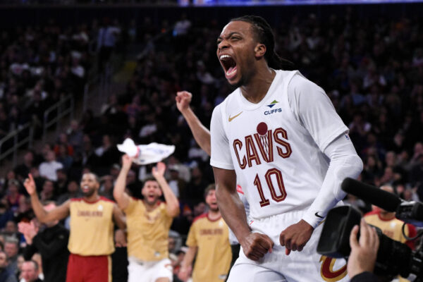 Oct 28, 2024; New York, New York, USA; Cleveland Cavaliers guard Darius Garland (10) reacts during the second half against the New York Knicks at Madison Square Garden.