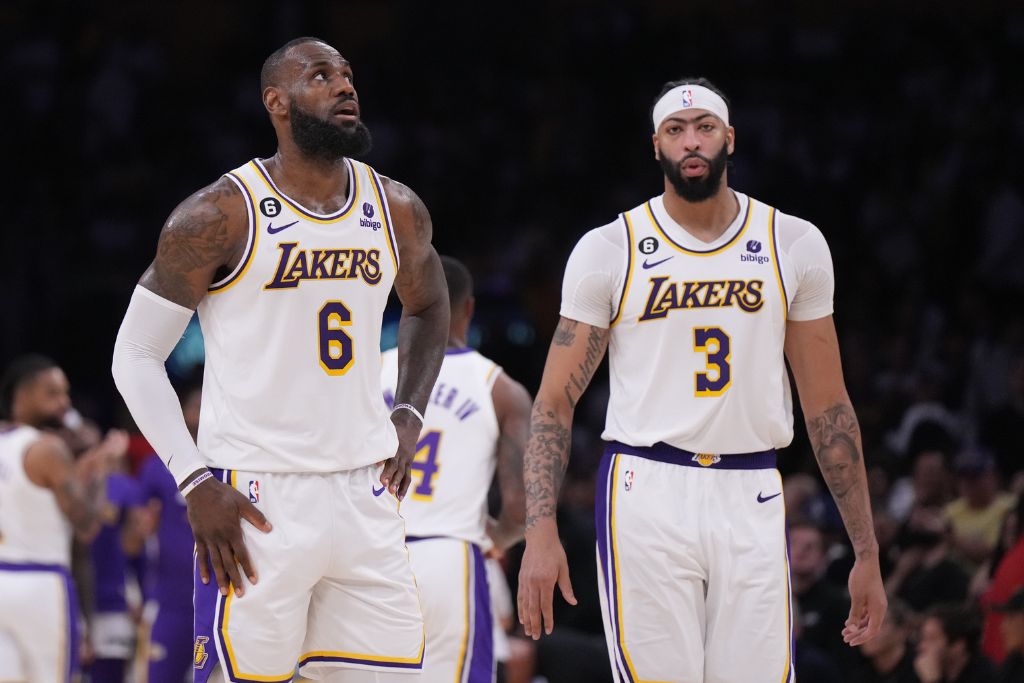 May 20, 2023; Los Angeles, California, USA; Los Angeles Lakers forward LeBron James (6) and forward Anthony Davis (3) react in the fourth quarter against the Denver Nuggets during game three of the Western Conference Finals for the 2023 NBA playoffs at Crypto.com Arena. Mandatory Credit: Kirby Lee-Imagn Images