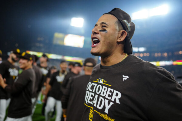 SAN DIEGO, CA - OCTOBER 02: Manny Machado #13 of the San Diego Padres reacts after winning Game 2 of the Wild Card Series presented by T-Mobile 5G Home Internet between the Atlanta Braves and the San Diego Padres at Petco Park on Wednesday, October 2, 2024 in San Diego, California. The San Diego Padres won 5-4 and will advance to the National League Division Series