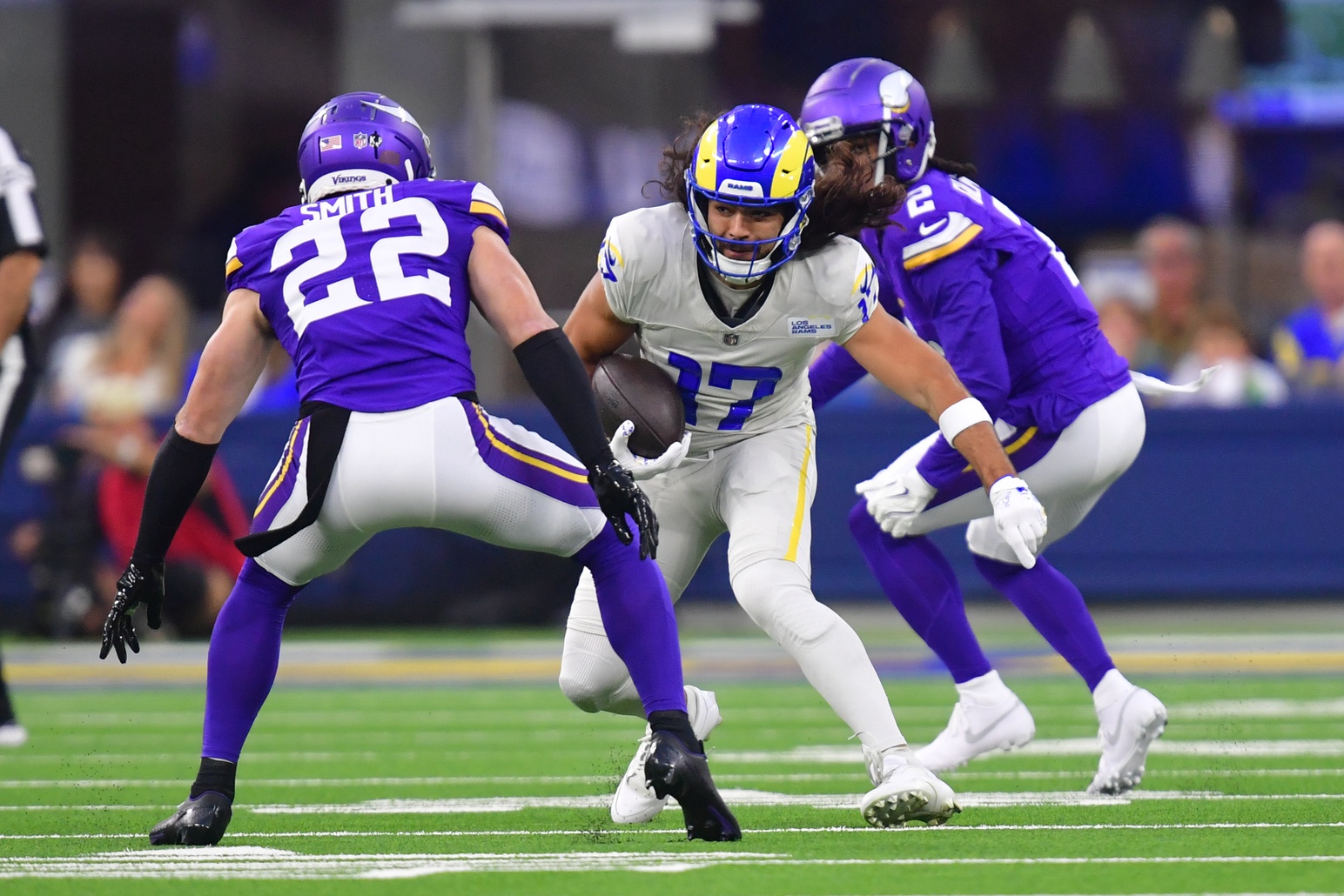 Oct 24, 2024; Inglewood, California, USA; Los Angeles Rams wide receiver Puka Nacua (17) runs the ball against against the Minnesota Vikings during the first half at SoFi Stadium.