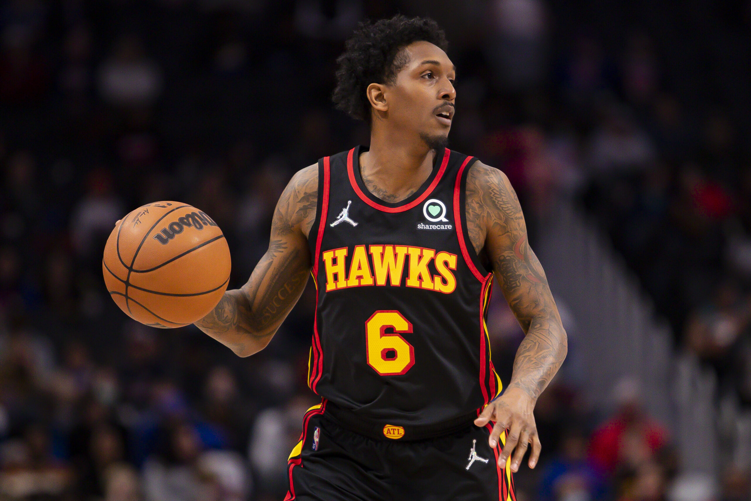 Mar 7, 2022; Detroit, Michigan, USA; Atlanta Hawks guard Lou Williams (6) dribbles the ball during the second quarter against the Detroit Pistons at Little Caesars Arena.