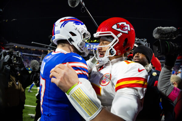 Jan 21, 2024; Orchard Park, New York, USA; NFL; Kansas City Chiefs quarterback Patrick Mahomes (15) greets Buffalo Bills quarterback Josh Allen (17) following the 2024 AFC divisional round game at Highmark Stadium.