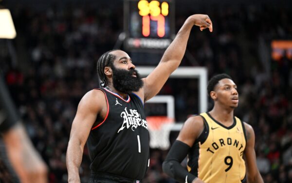 Jan 26, 2024; Toronto, Ontario, CAN; Los Angeles Clippers guard James Harden (1) follows through on a shot against the Toronto Raptors in the second half at Scotiabank Arena.