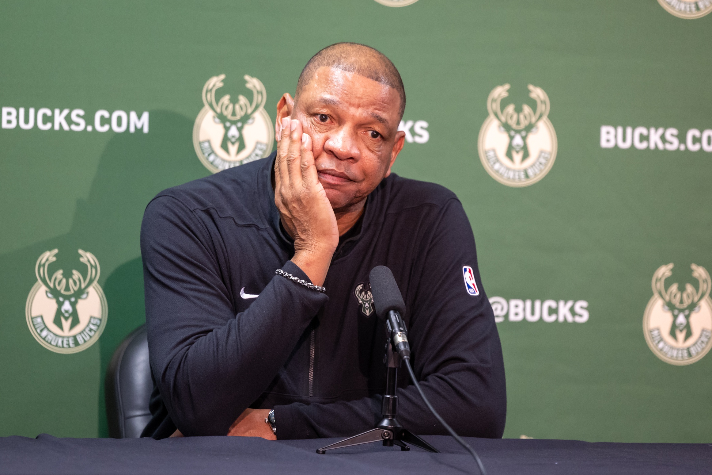 Mar 28, 2024; New Orleans, Louisiana, USA; Milwaukee Bucks head coach Doc Rivers during a press interview before the game against the New Orleans Pelicans at Smoothie King Center. Mandatory Credit: Stephen Lew-USA TODAY Sports