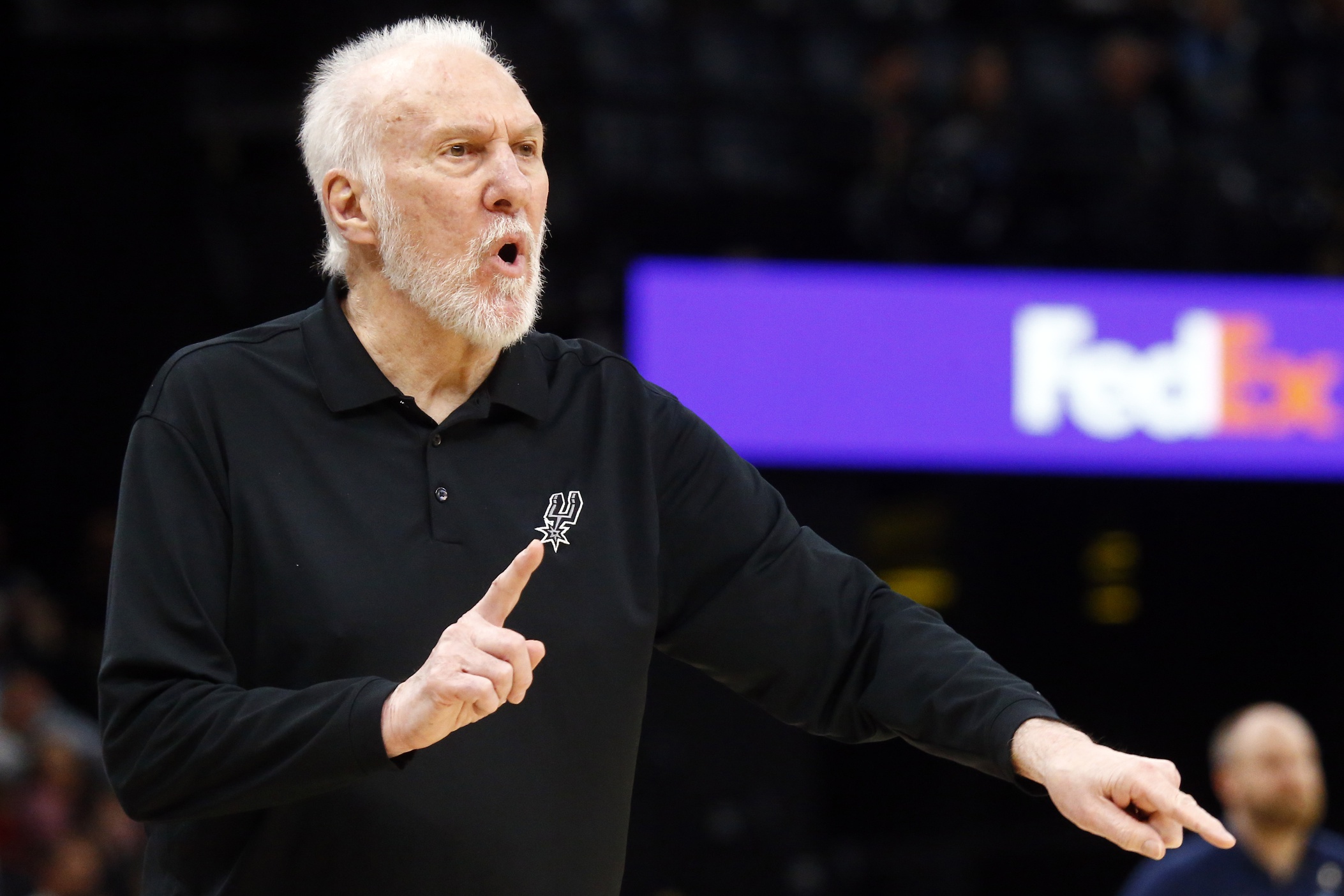 Apr 9, 2024; Memphis, Tennessee, USA; San Antonio Spurs head coach Gregg Popovich reacts during the second half against the Memphis Grizzlies at FedExForum. Mandatory Credit: Petre Thomas-USA TODAY Sports