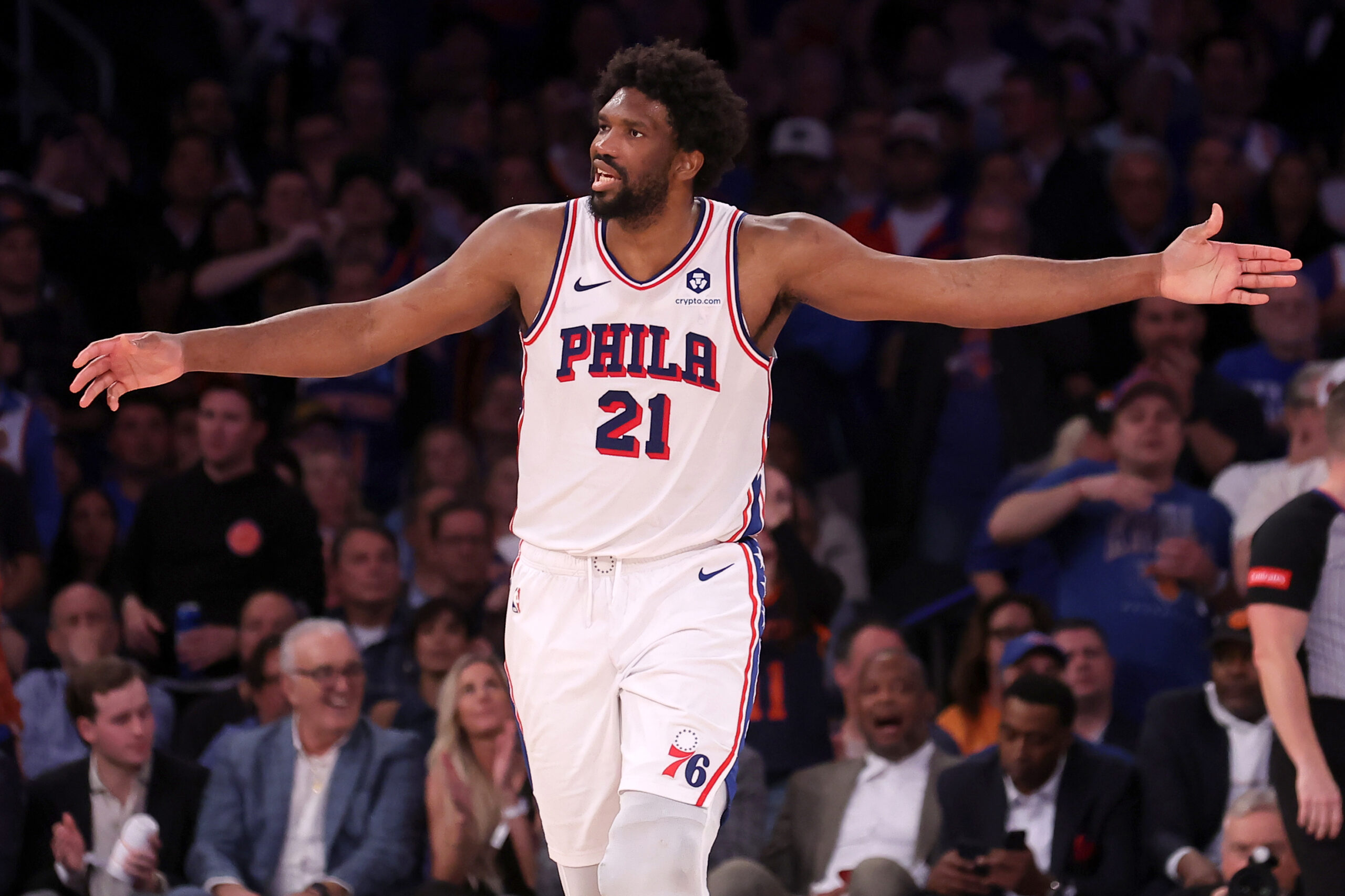 Apr 30, 2024; New York, New York, USA; Philadelphia 76ers center Joel Embiid (21) reacts during overtime in game 5 of the first round of the 2024 NBA playoffs against the New York Knicks at Madison Square Garden.