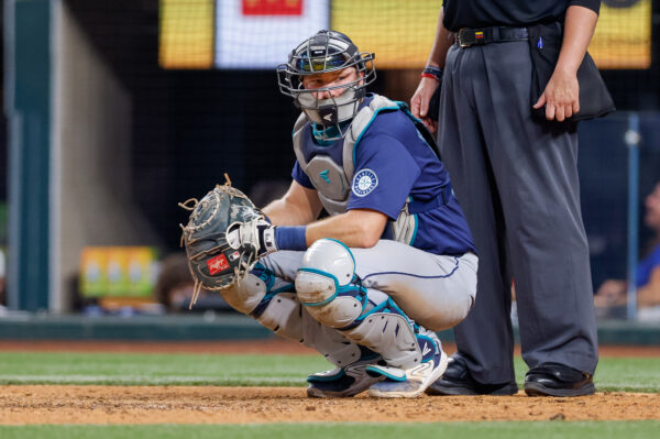 Sep 21, 2024; Arlington, Texas, USA; Seattle Mariners catcher Cal Raleigh (29) looks over to the dugout during the sixth inning against the Texas Rangers at Globe Life Field. Mandatory Credit: Andrew Dieb-Imagn Images