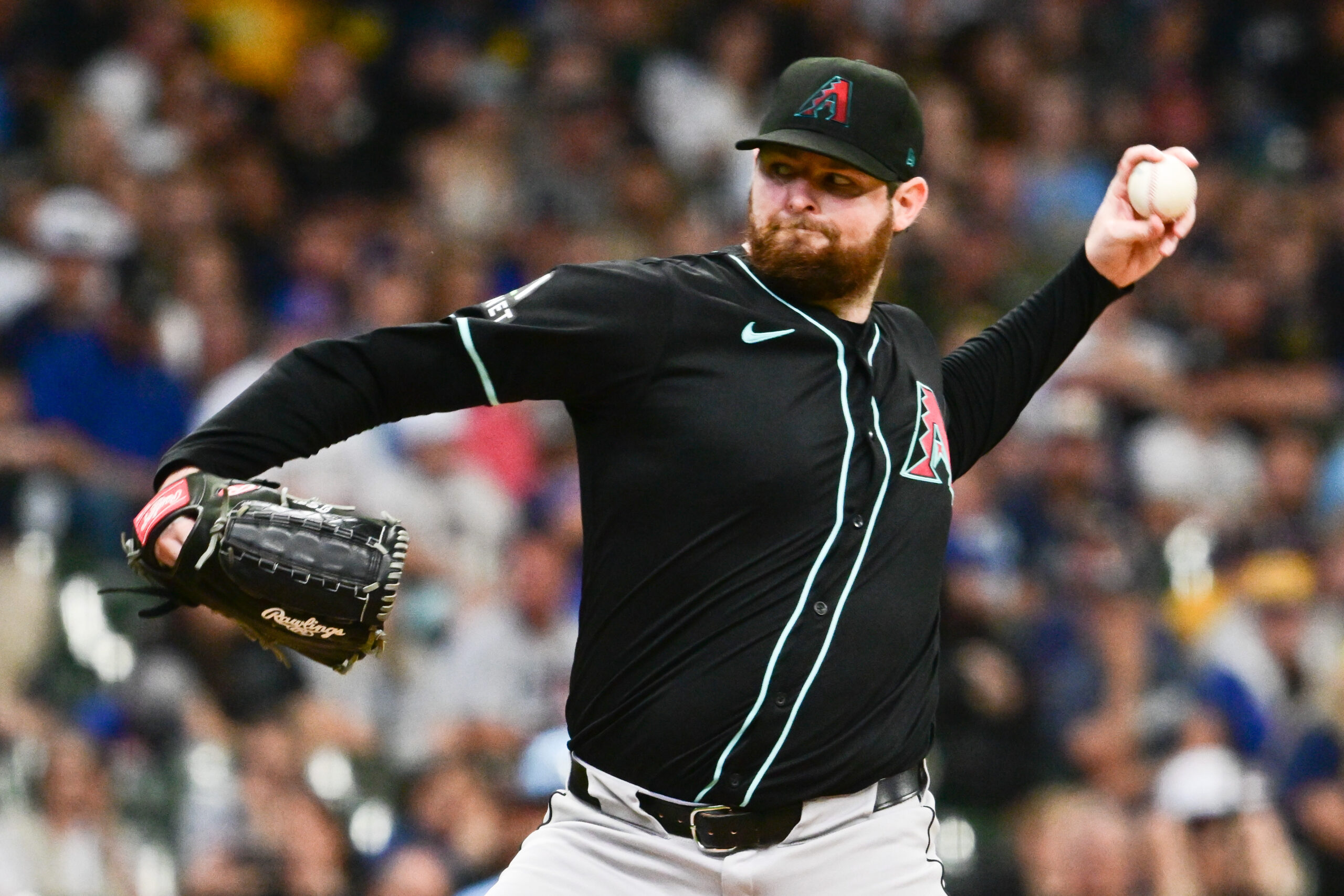 Sep 22, 2024; Milwaukee, Wisconsin, USA; Arizona Diamondbacks starting pitcher Jordan Montgomery (52) pitches in the first inning against the Milwaukee Brewers at American Family Field. Mandatory Credit: Benny Sieu-Imagn Images