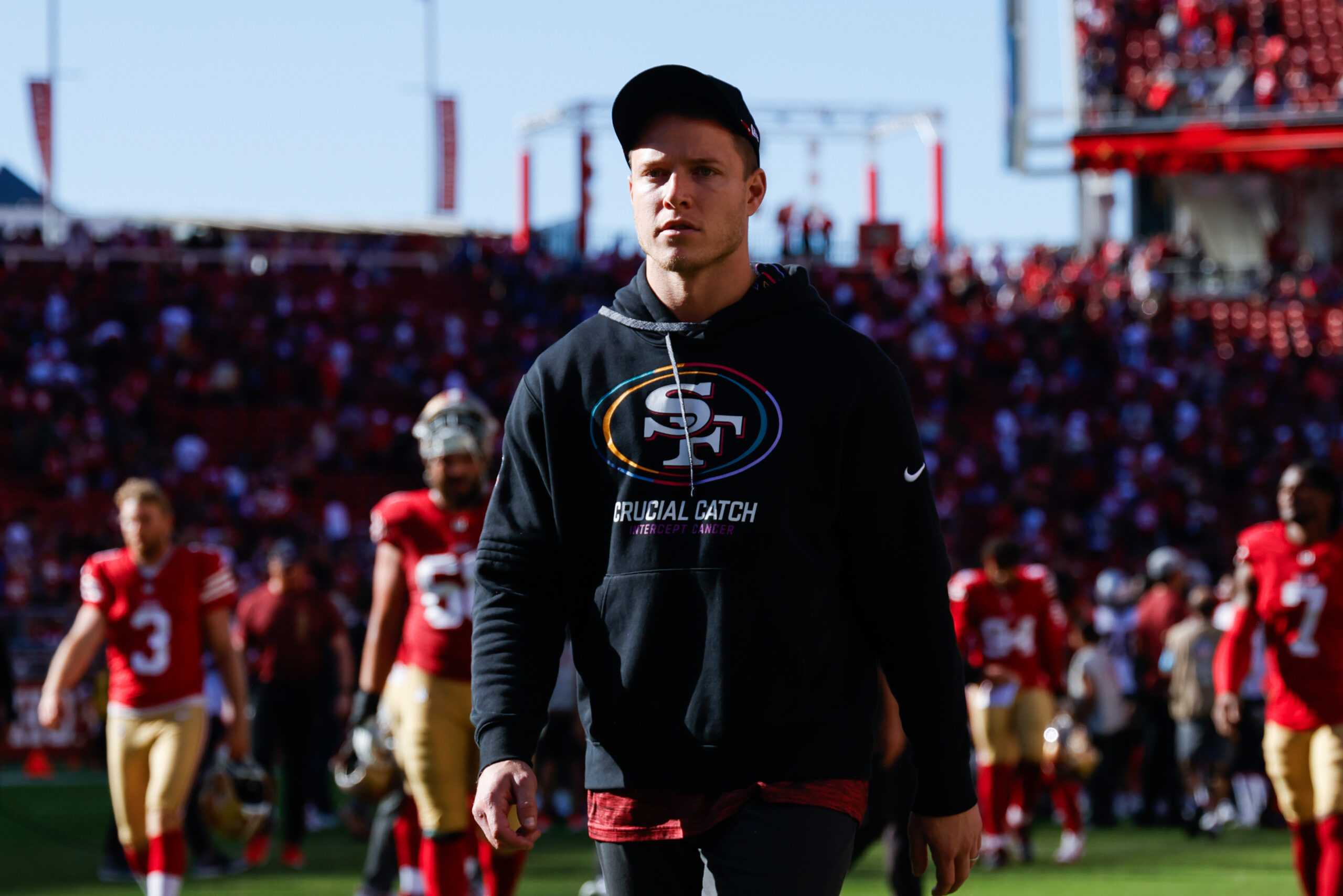 Sep 29, 2024; Santa Clara, California, USA; San Francisco 49ers running back Christian McCaffrey (23) walks off the field after the game against the New England Patriots at Levi's Stadium.