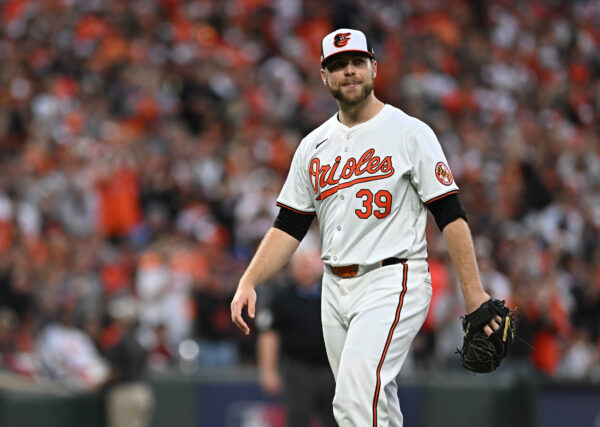 Oct 1, 2024; Baltimore, Maryland, USA; Baltimore Orioles pitcher Corbin Burnes (39) is relieved in the ninth inning against the Kansas City Royals in game one of the Wild Card round for the 2024 MLB Playoffs at Oriole Park at Camden Yards. Mandatory Credit: Tommy Gilligan-Imagn Images