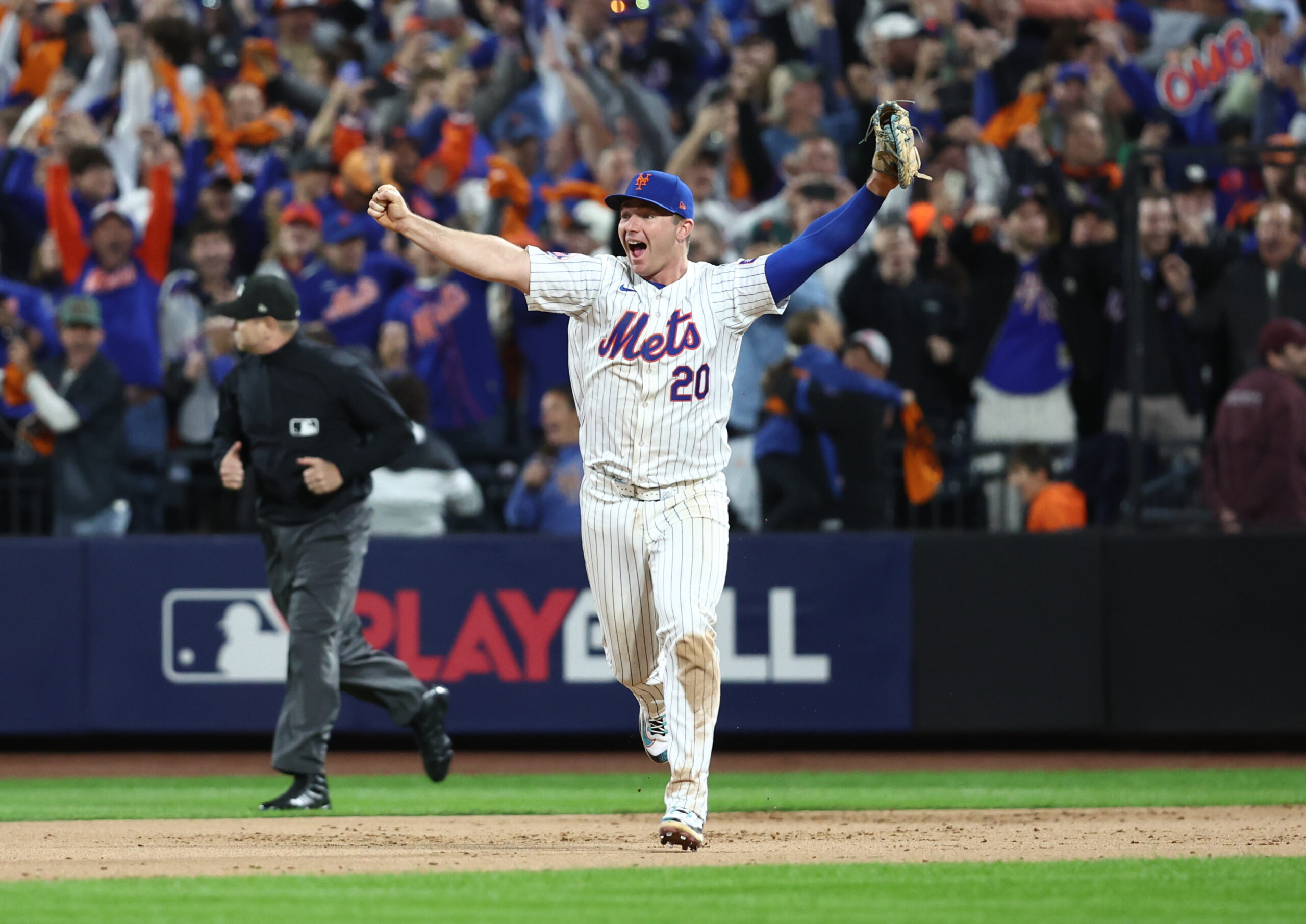 Oct 9, 2024; New York, New York, USA; New York Mets first baseman Pete Alonso (20) celebrates after defeating the Philadelphia Phillies in game four of the NLDS for the 2024 MLB Playoffs at Citi Field. Mandatory Credit: Wendell Cruz-Imagn Images