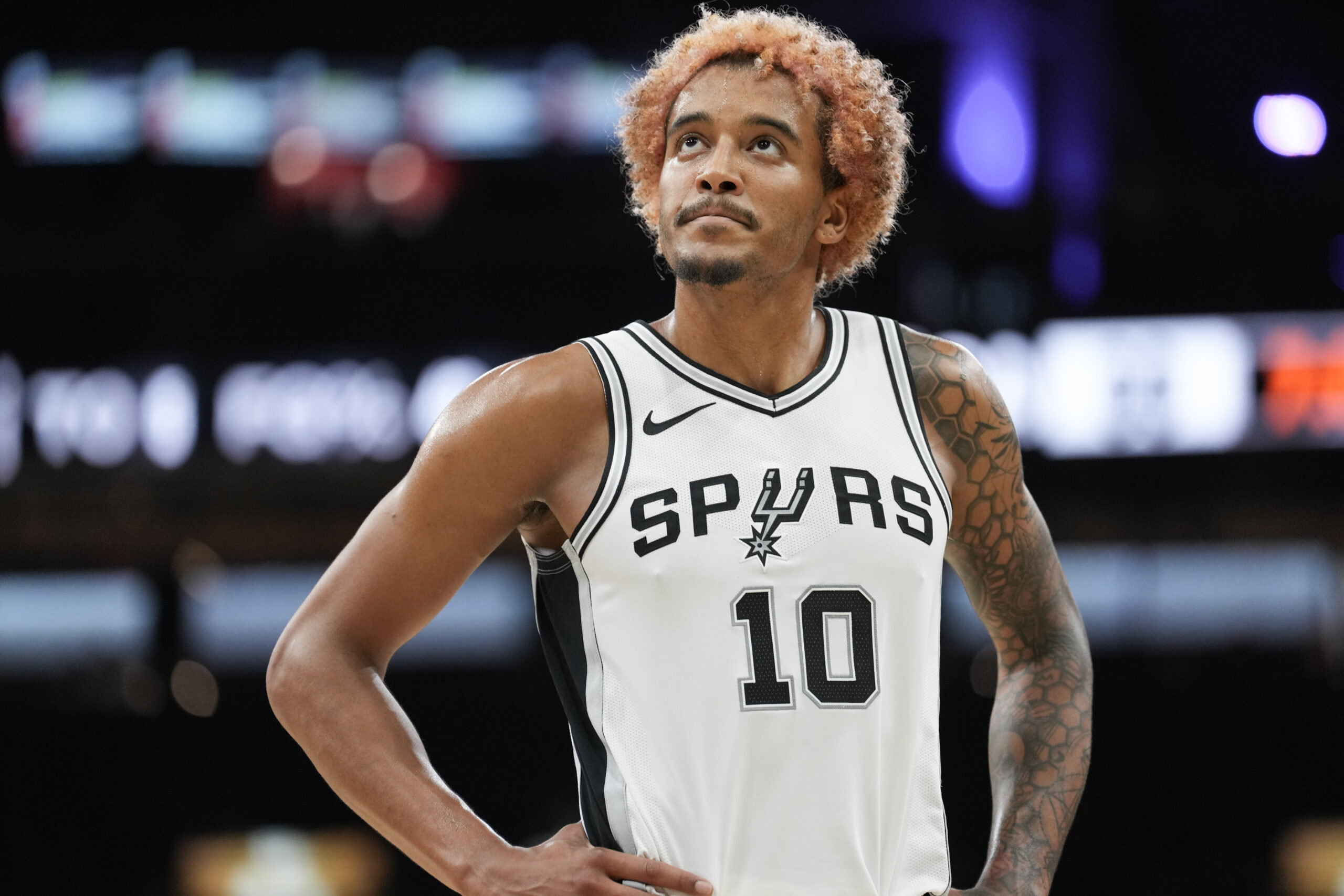 Oct 12, 2024; San Antonio, Texas, USA; San Antonio Spurs forward Jeremy Sochan (10) in the second half against the Utah Jazz at Frost Bank Center.