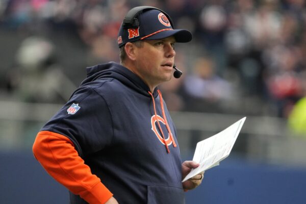 Oct 13, 2024; London, United Kingdom; Chicago Bears offensive coordinator Shane Waldron watches from the sidelines against the Jacksonville Jaguars in the second half during an NFL International Series game at Tottenham Hotspur Stadium. Mandatory Credit: Kirby Lee-Imagn Images