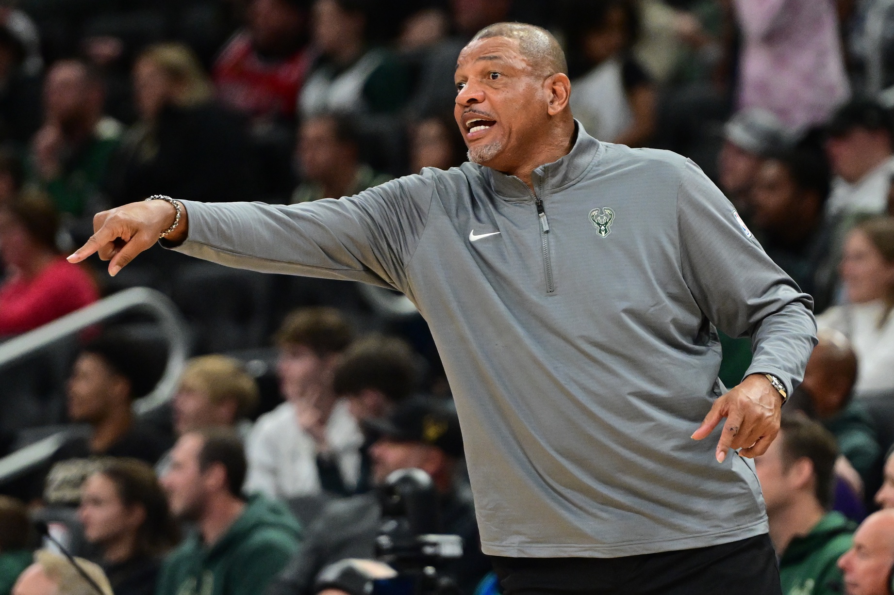 Oct 14, 2024; Milwaukee, Wisconsin, USA; Milwaukee Bucks head coach Doc Rivers calls a play in the fourth quarter against the Chicago Bulls at Fiserv Forum.