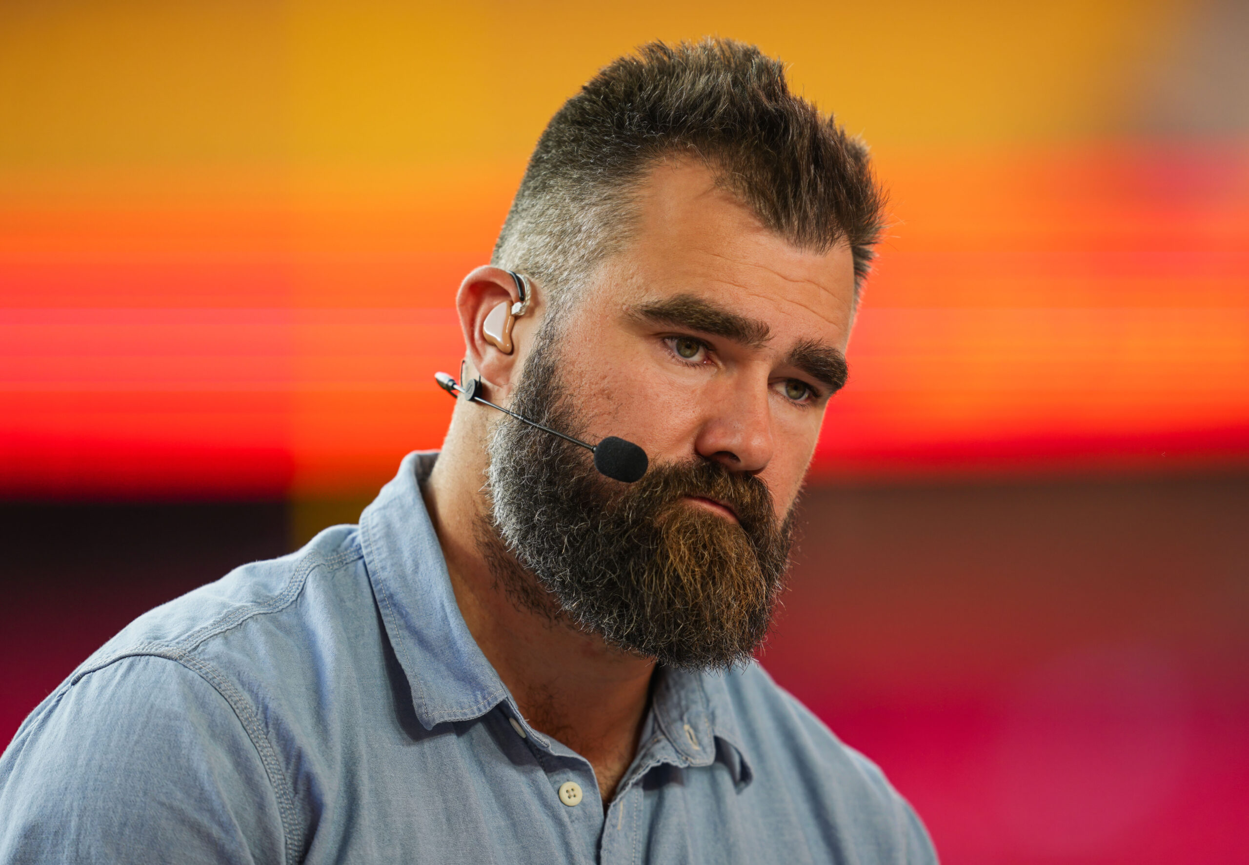 Oct 7, 2024; Kansas City, Missouri, USA; Former NFL player Jason Kelce prior to a game between the New Orleans Saints and the Kansas City Chiefs at GEHA Field at Arrowhead Stadium.