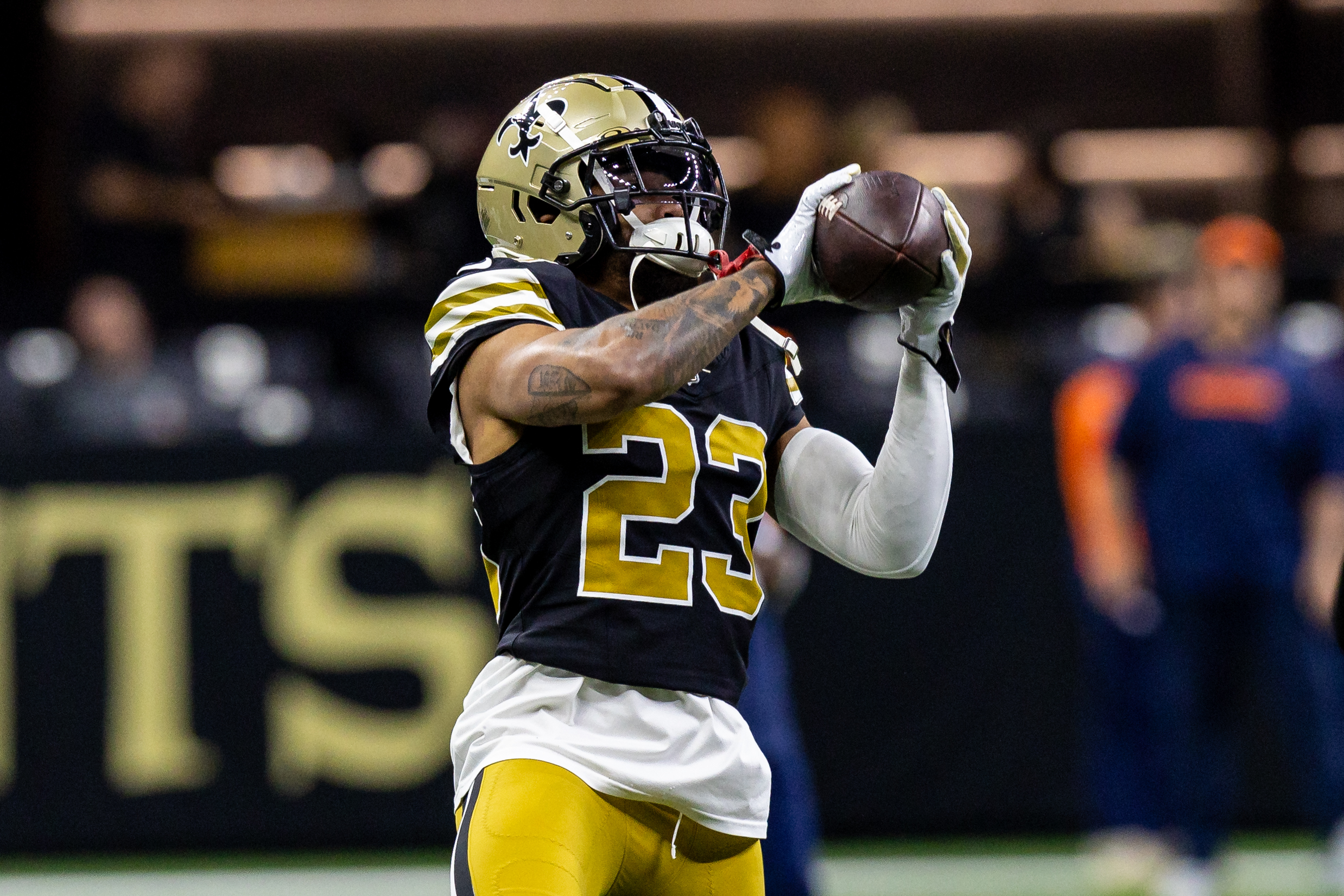 Oct 17, 2024; New Orleans, Louisiana, USA; New Orleans Saints cornerback Marshon Lattimore (23) during the warmups before the game against the Denver Broncos at Caesars Superdome. Mandatory Credit: Stephen Lew-Imagn Images