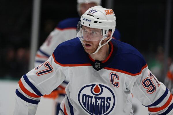 Oct 19, 2024; Dallas, Texas, USA; Edmonton Oilers center Connor McDavid (97) stands in the face off circle against the Dallas Stars in the third period at American Airlines Center. Mandatory Credit: Tim Heitman-Imagn Images