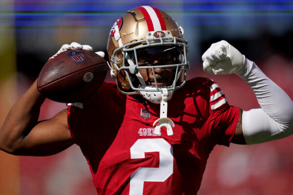 Oct 20, 2024; Santa Clara, California, USA; San Francisco 49ers cornerback Deommodore Lenoir (2) flexes before the start of the game against the Kansas City Chiefs at Levi's Stadium. Mandatory Credit: Cary Edmondson-Imagn Images