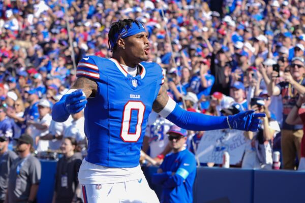 Oct 20, 2024; Orchard Park, New York, USA; Buffalo Bills wide receiver Keon Coleman (0) is introduced prior to the game against the Tennessee Titans at Highmark Stadium. Mandatory Credit: Gregory Fisher-Imagn Images