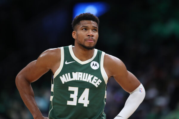 Oct 28, 2024; Boston, Massachusetts, USA; Milwaukee Bucks forward Giannis Antetokounmpo (34) reacts during the second half against the Boston Celtics at TD Garden.