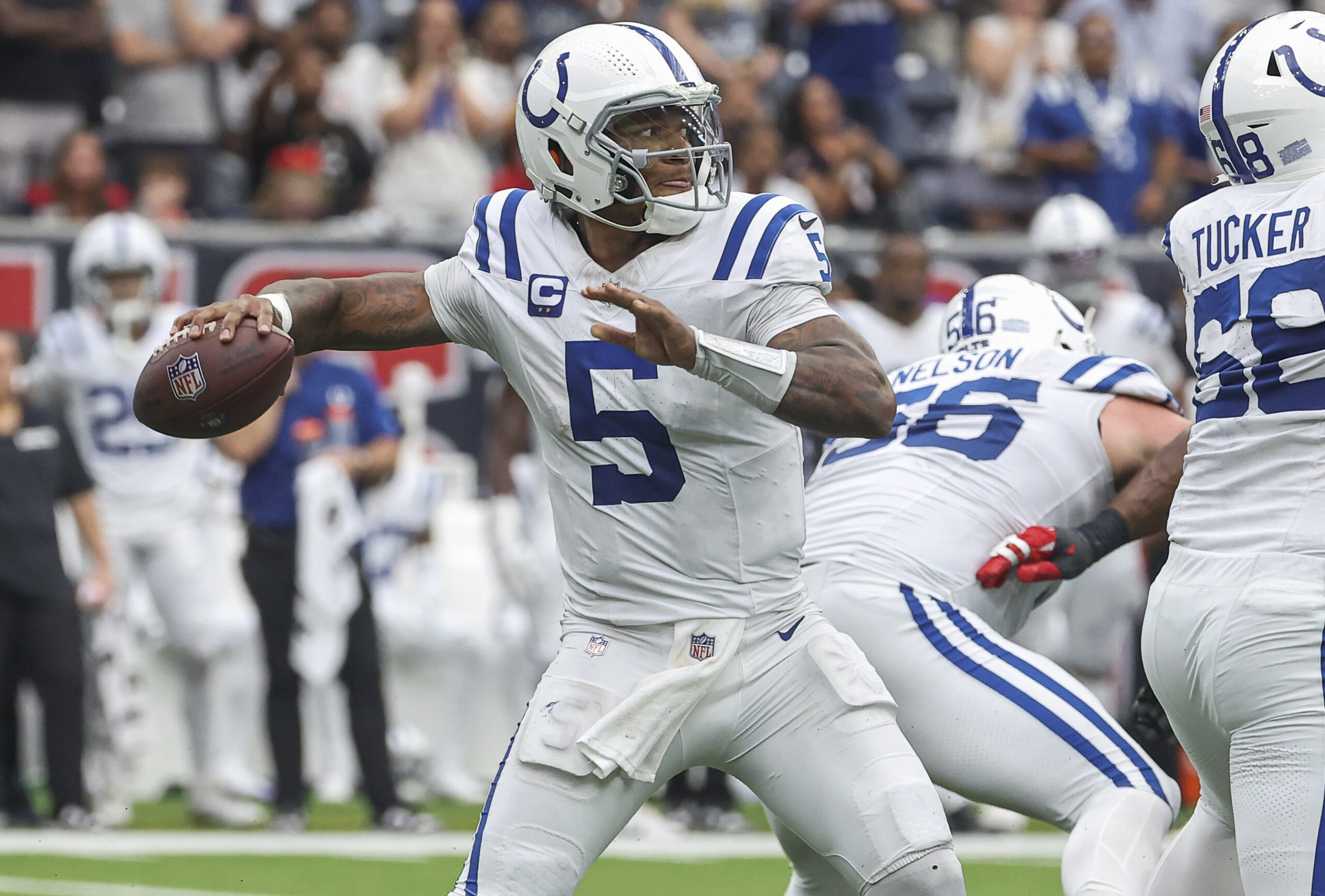 Oct 27, 2024; Houston, Texas, USA; Indianapolis Colts quarterback Anthony Richardson (5) looks for an open receiver during the game against the Houston Texans at NRG Stadium. Mandatory Credit: Troy Taormina-Imagn Images