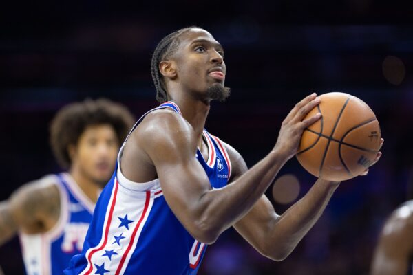 Oct 30, 2024; Philadelphia, Pennsylvania, USA; Philadelphia 76ers guard Tyrese Maxey (0) shoots a foul shotagainst the Detroit Pistons during the fourth quarter at Wells Fargo Center. Mandatory Credit: Bill Streicher-Imagn Images