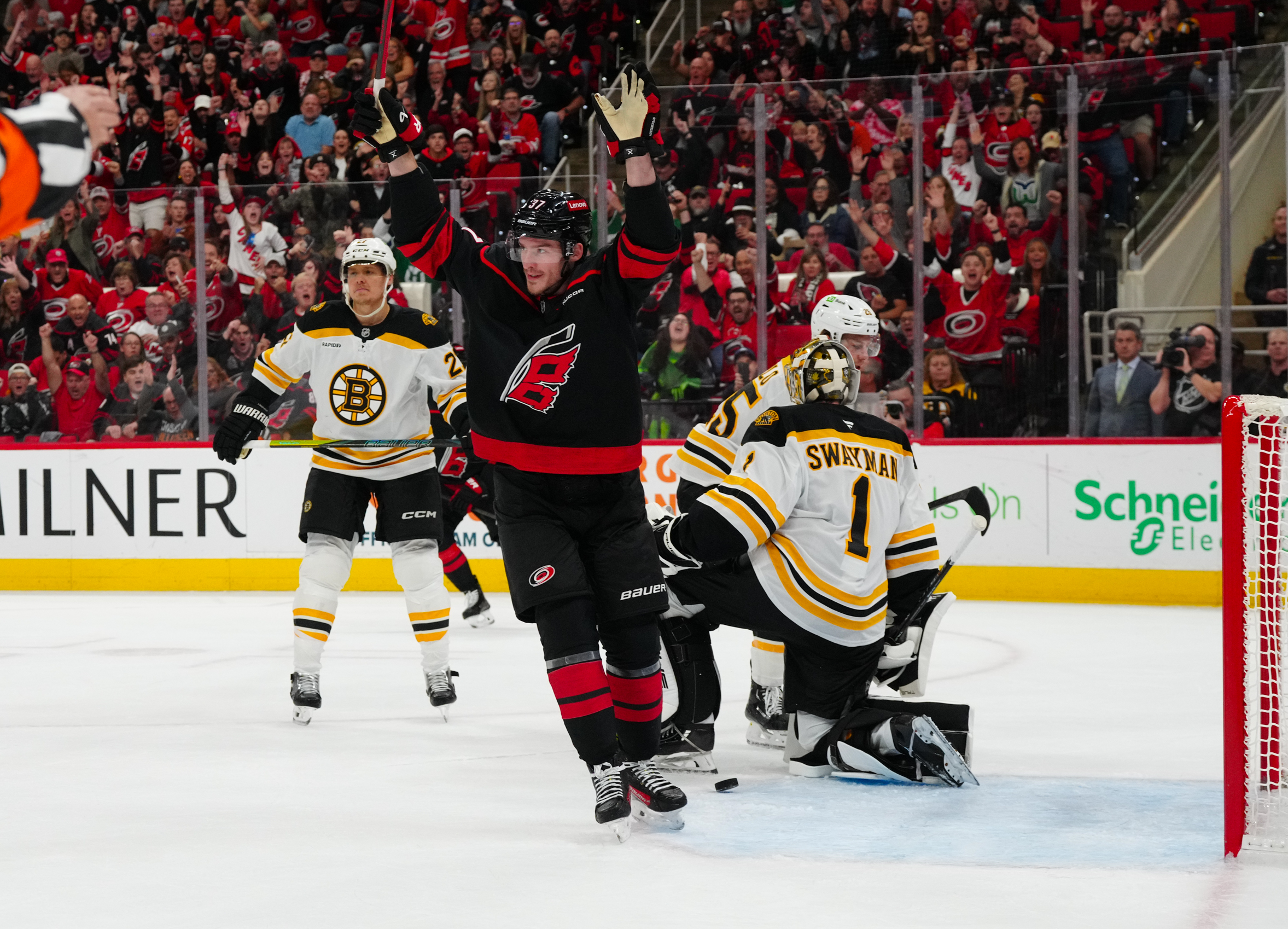 Oct 31, 2024; Raleigh, North Carolina, USA; Carolina Hurricanes right wing Andrei Svechnikov (37) celebrates his goal against the Boston Bruins during the first period at Lenovo Center. Mandatory Credit: James Guillory-Imagn Images