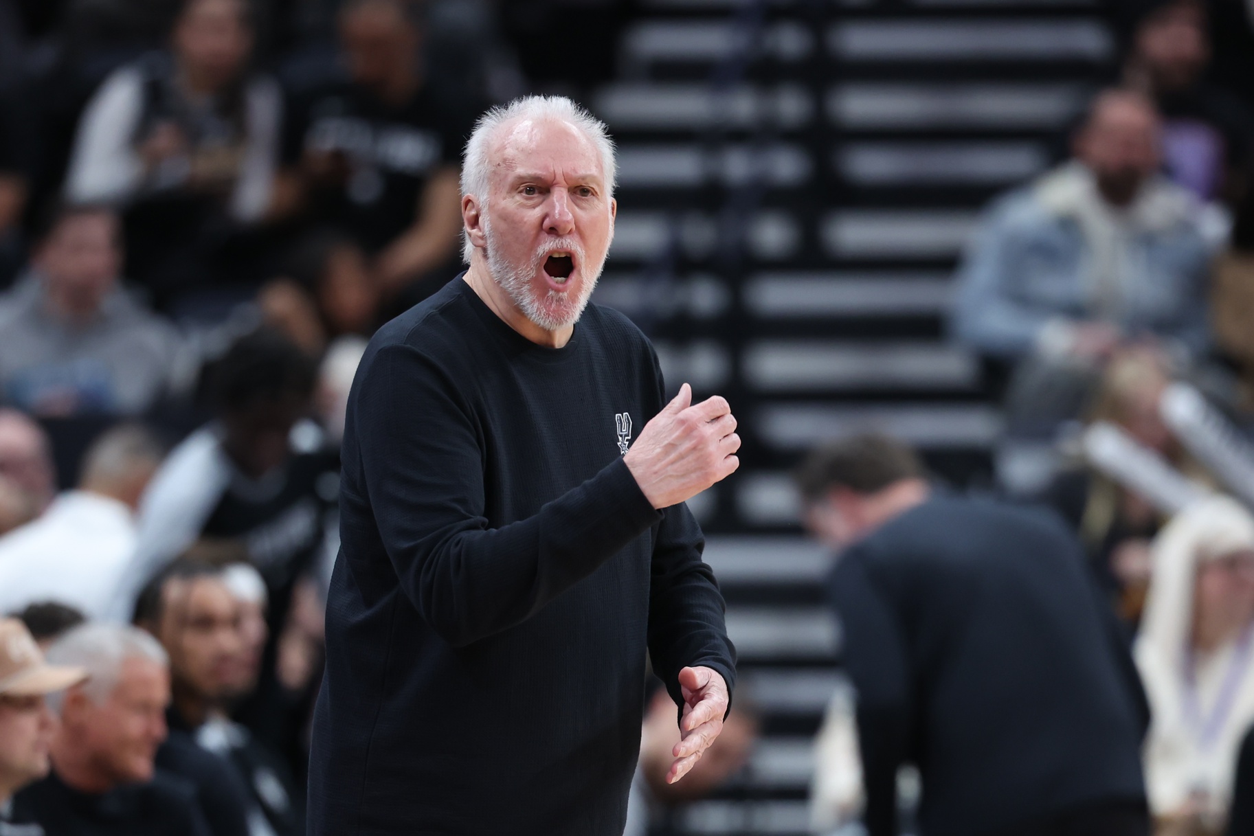 Oct 31, 2024; Salt Lake City, Utah, USA; San Antonio Spurs head coach Gregg Popovich reacts to a play against the Utah Jazz during the third quarter at Delta Center. Mandatory Credit: Rob Gray-Imagn Images