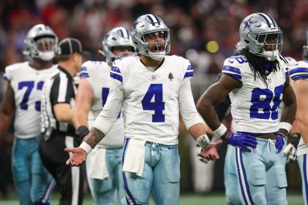 Nov 3, 2024; Atlanta, Georgia, USA; Dallas Cowboys quarterback Dak Prescott (4) reacts to a penalty against the Atlanta Falcons in the third quarter at Mercedes-Benz Stadium. Mandatory Credit: Brett Davis-Imagn Images